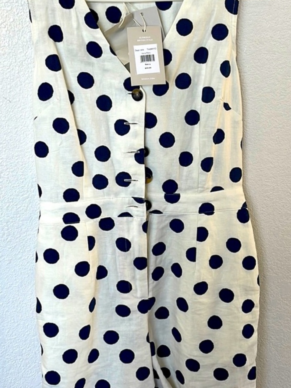 Boden 🆕 ADORABLE Linen/Navy  zip and button Dot Tie-Waist  shorts/Romper - Picture 8 of 8